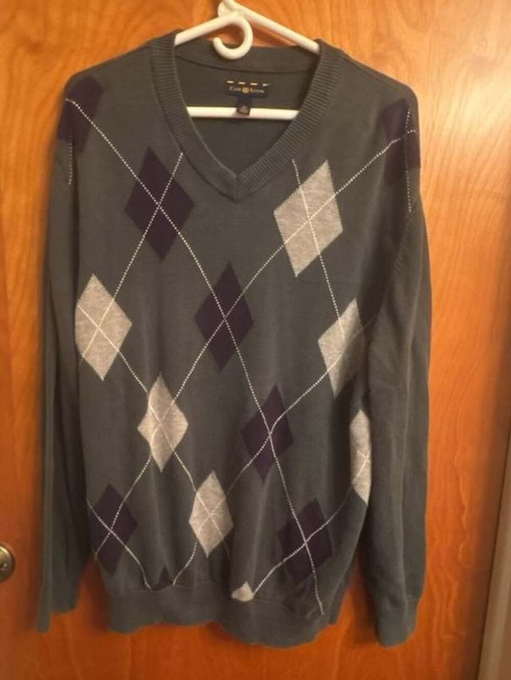 Club Room V-Neck Argyle Sweater Size XL Green Cotton